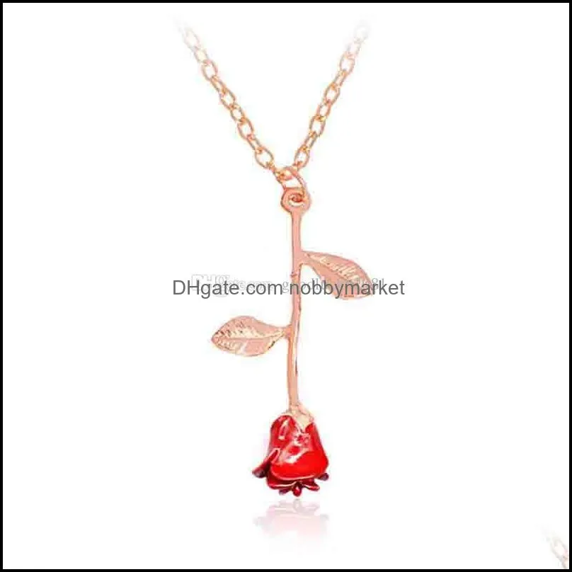 Enamel Red Rose Flower Necklace Silver Rose Gold Flower Pendant Chains Fashion Necklace for Women Jewelry 2020 hot sale