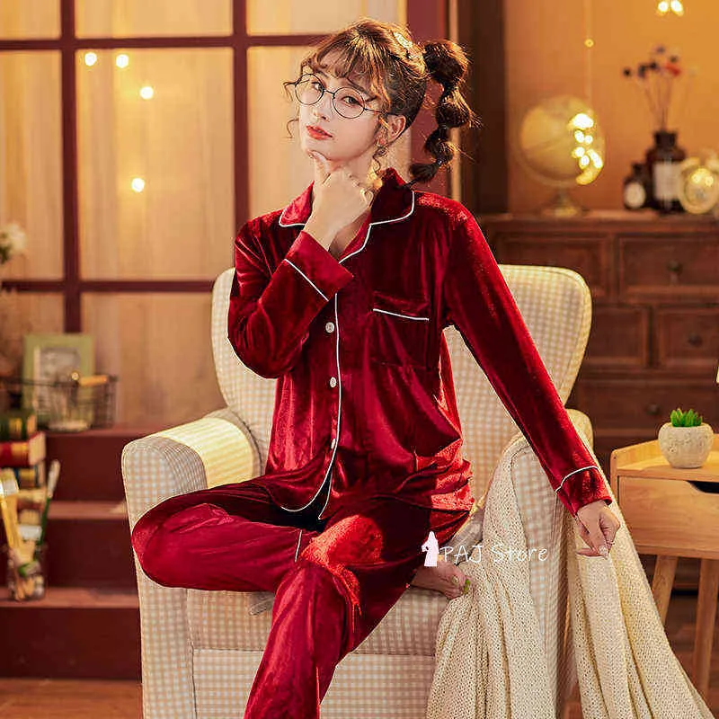 Plus Size 5XL Autumn Winter Warm Pajama Set Women pajamas Deep Gold Velvet Homewear Pijama mujer Elegant sleepwear 211106