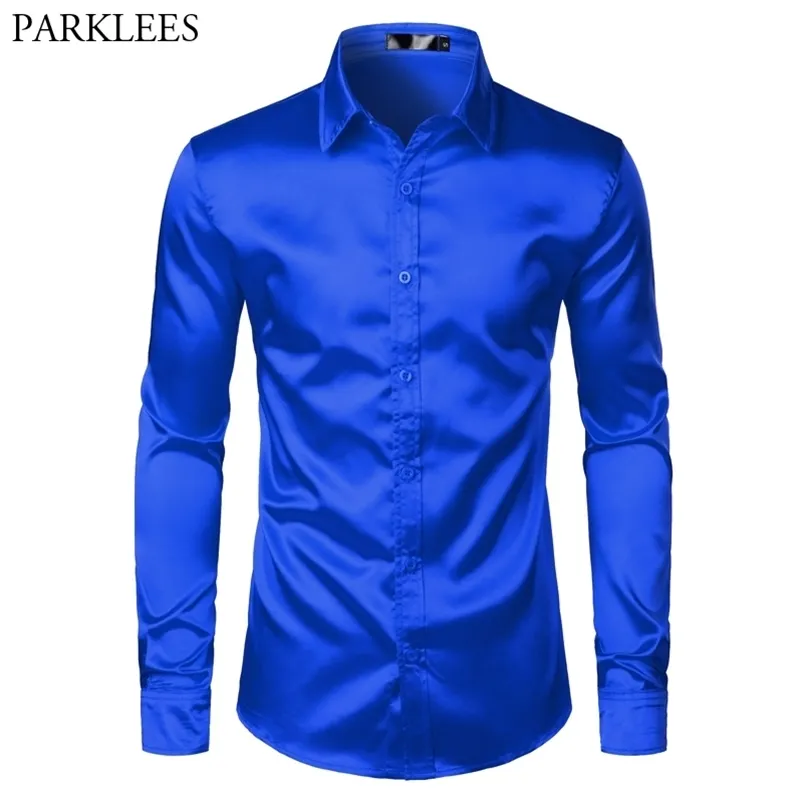 Royal Blue Silk Satin Shirt Men Luksusowa Marka Slim Fit Mens Dress S Wedding Party Casual Męska koszulka 210721