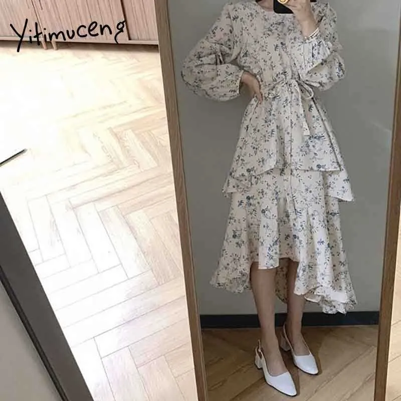 YitimuCeng Floral Print Sukienki dla kobiet Lace Up High Waist Blue Coffee Sundress Wiosna Lato Moda Szyfonowa Sukienka 210601