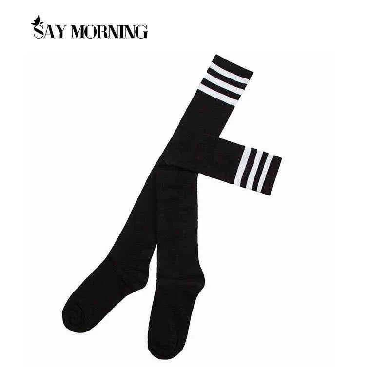 SAY MORNING Warm Thigh High Socks For Ladies Girls Schoolgirl Uniform Long Socks Women Stockings Striped Knee Socks Y1119