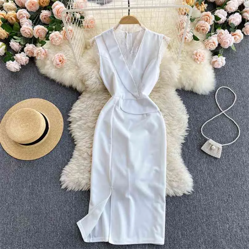 Branco mangas florais rendas florais vestido feminino sexy v-pescoço alta cintura alta magro split meados de vitela coreana moda trabalho vestidos 210603