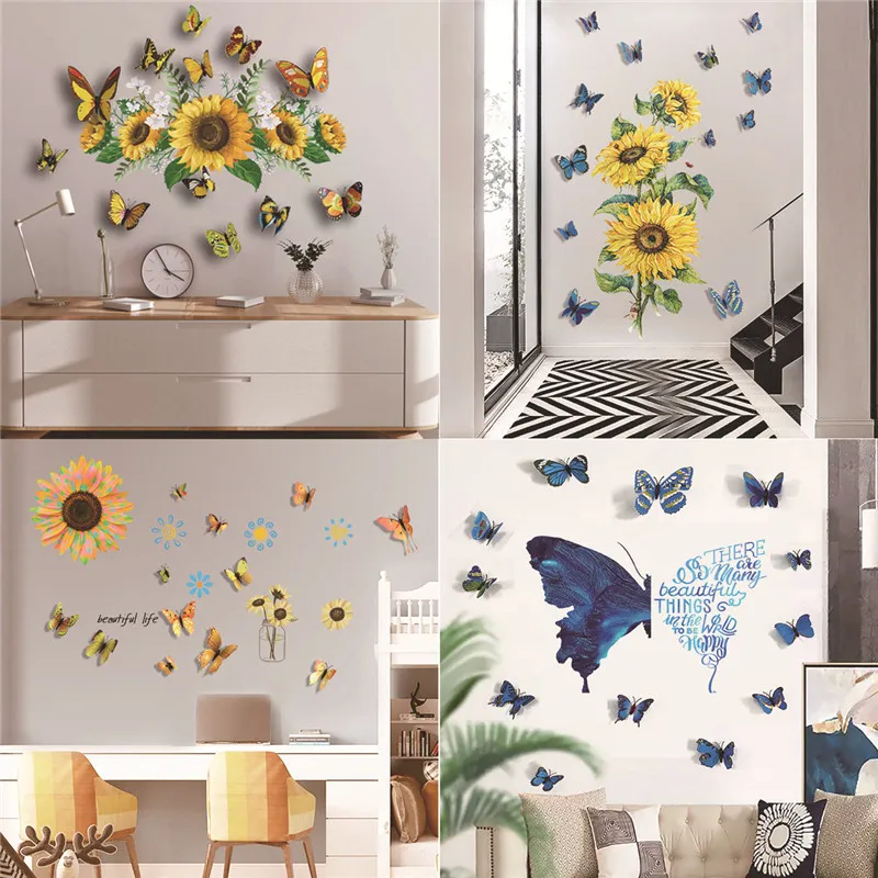DIY Sunflower Wall Stickers With 3D Colorful Butterfly Walls Sticker Creative Stereo Room Background Bedroom Nursery Wedding Party Decor