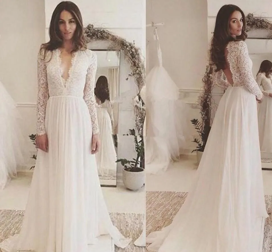 Boho Dantel Elbiseler Uzun Kollu Şifon Süpürme Tren Derin V Boyun Yapımı Plaj Gelinlik Vestido De Novia Plus Estido Estido