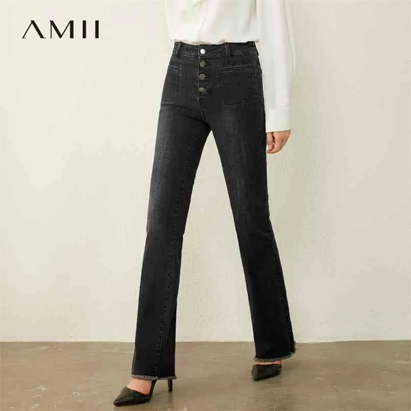 Minimalismo Autunno Jeans da donna Moda Vita alta Pantaloni a zampa d'elefante Monopetto Causale Donna 12030560 210527