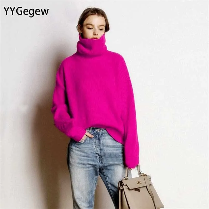 YYGEGEW Pull pour femmes Automne Hiver Tour-tête Chaud Tour de terre Casual Overdimant Lady Sweaters Tricoté Pull Top Top Femme 211218