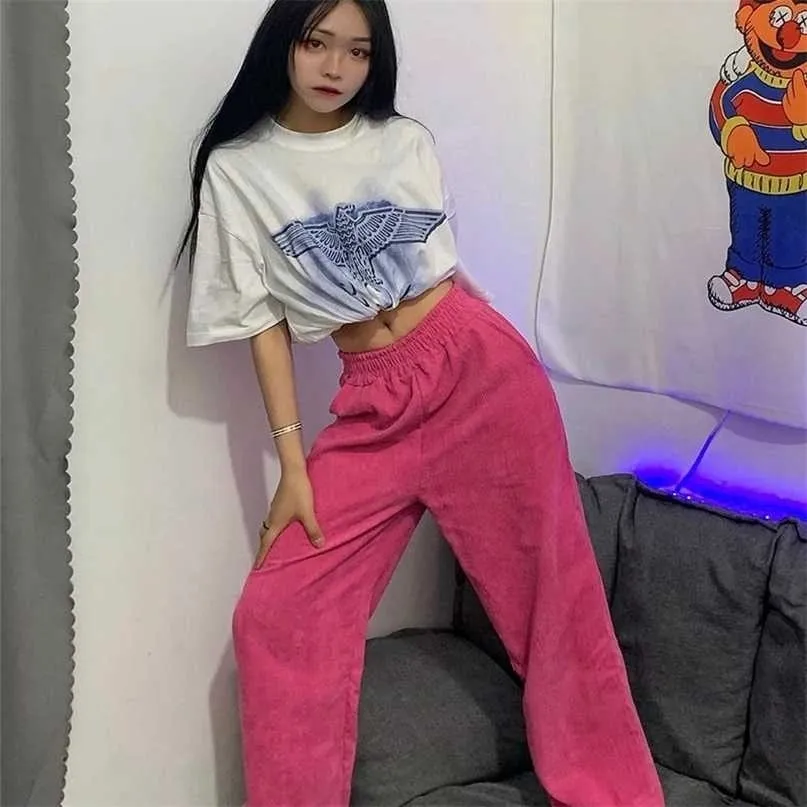 Houzhou Rosa Corduroy Wide Legbyxor Kvinnor Koreansk stil Sommar Straight High Waist Byxor Kvinna Fashion Streetwear Aestetic 211115