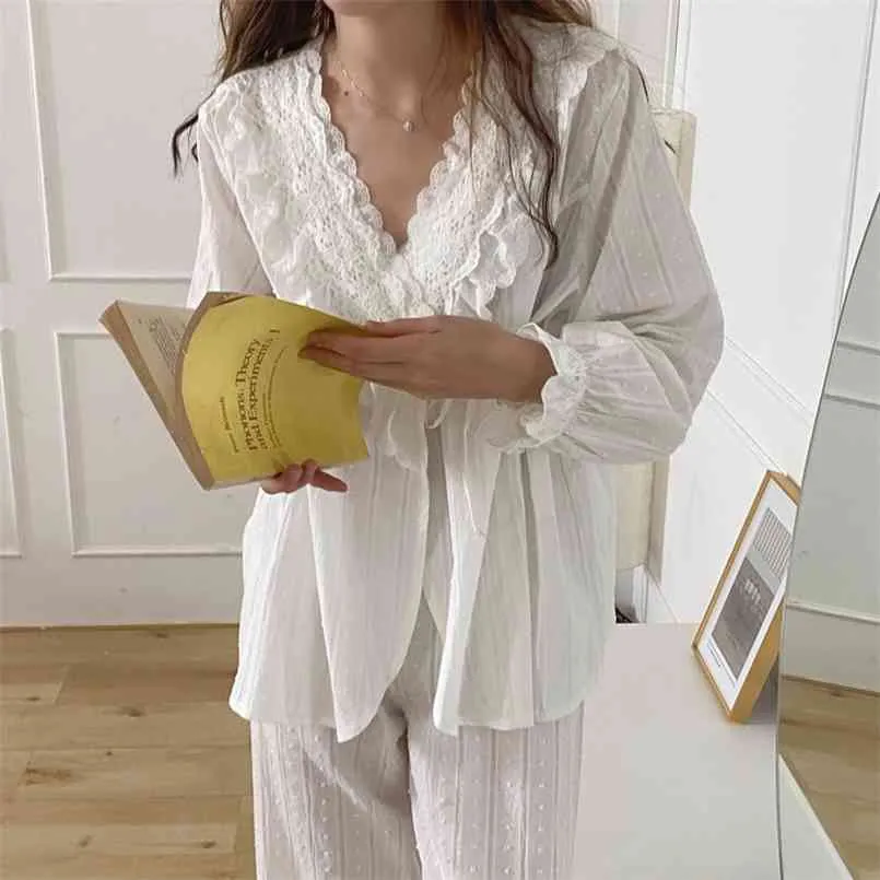 Främmande Kitty Koreansk Höst Lace Elegant Ren Färg Bomull Pajama Sweet Style Set Hem Kläder 210809