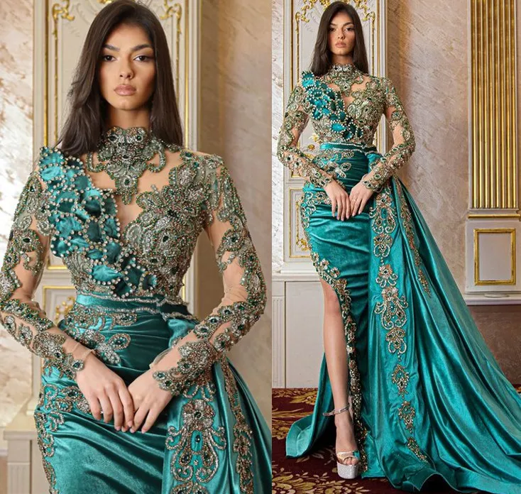 2022 Plus Size Arabski ASO EBI Hunter Green Mermaid Prom Dresses Zroszony Kryształy Koronki Wieczór Formalna Party Druga Recepcja Urodziny Suknie Zaręczynowe Sukienka ZJ333