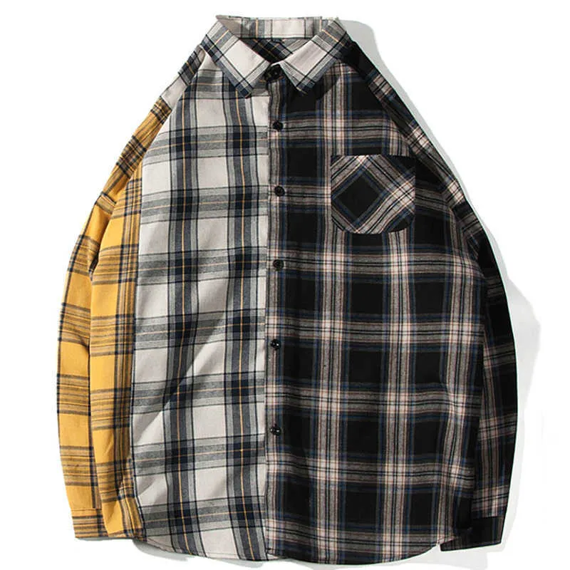 Plaid Shirt Men Oversized Hip Hop Patchwork Cotton Button Up Long Sleeve Shirt Couple Korean Harajuku Man Clothing 210527