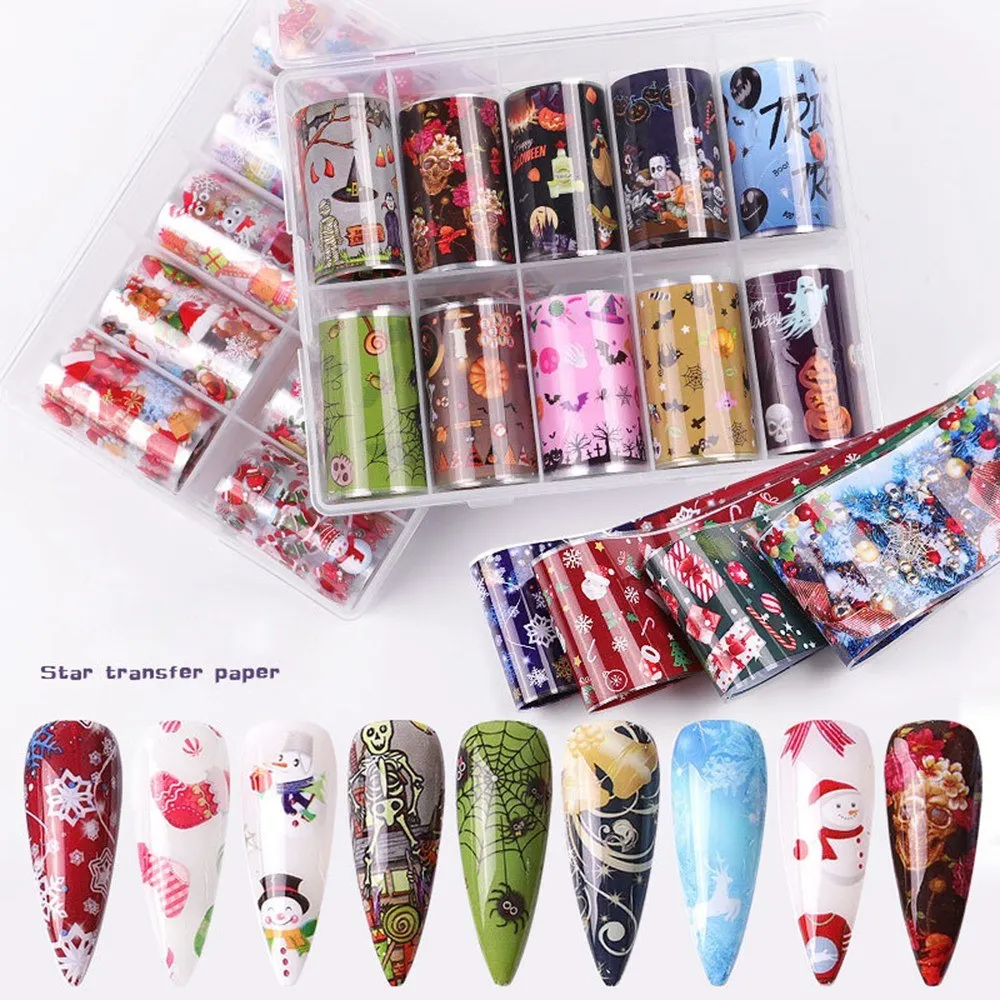 Water Transfer Nail Art Stickers for Halloween Christmas Self-Adhesive Nail Sticker Decals Manicure Decoration 10pcs/set