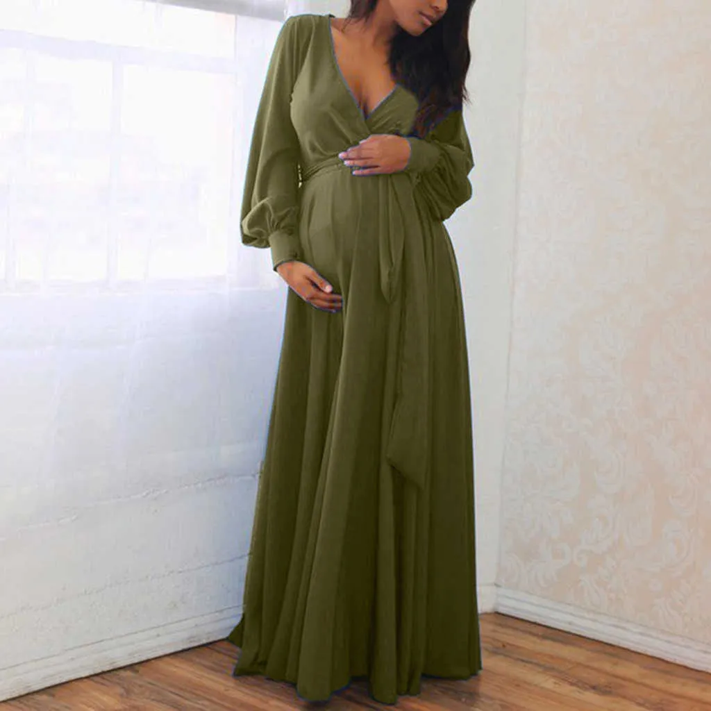 40# Women Pregnant Maternity Dress Solid Ruffles Long Sleeve V-neck Dresses Frenulum Ladies Sexy Dress Clothing Vestido Q0713