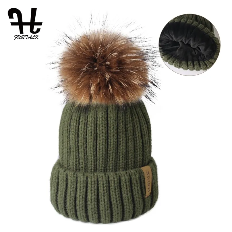 FURTALK Velvet Winter Hat pour femmes Bonnet tricoté Real Roccoon Fourrure Pom Pom Dames Double doublure chaude Cap Femme 211119