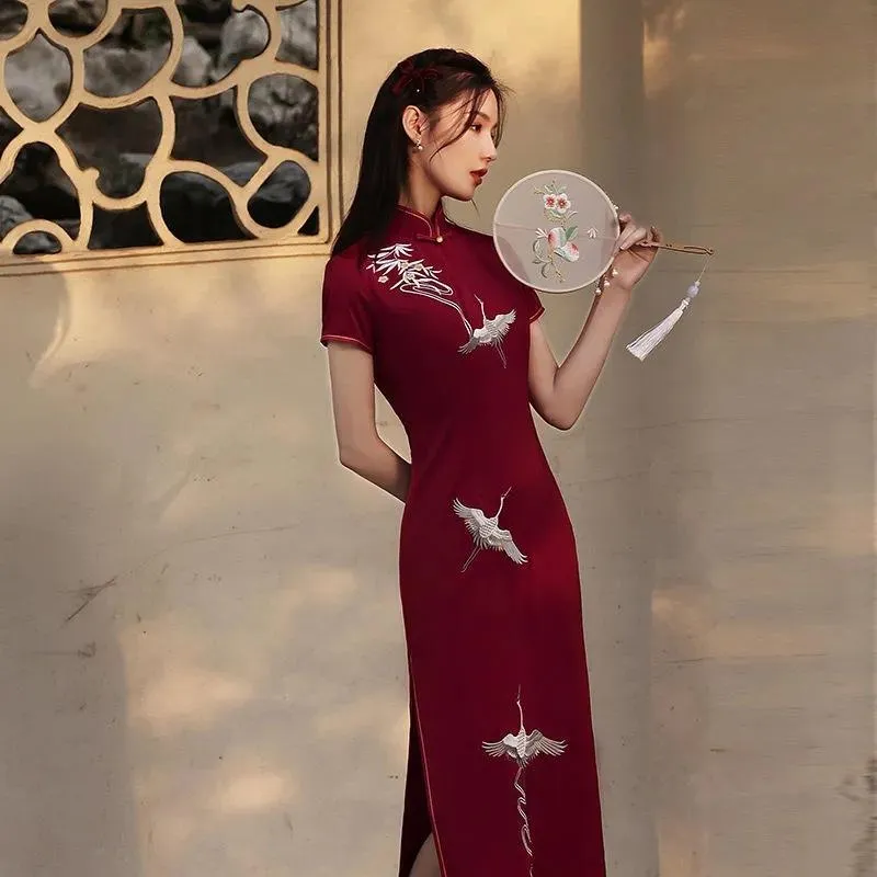 Etnik Giyim 2021 Çin Qipao Geleneksel Cheongsam Elbise Kadın Şarap Kırmızı Siyah Vintage Zarif Elbiseler Nakış Cosplay Yaz Sonbahar