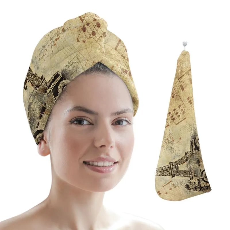 Serviette rétro Paris tour Notes musicales cheveux séchage rapide salle de bain microfibre pour adultes enfant bonnet de soin absorbant