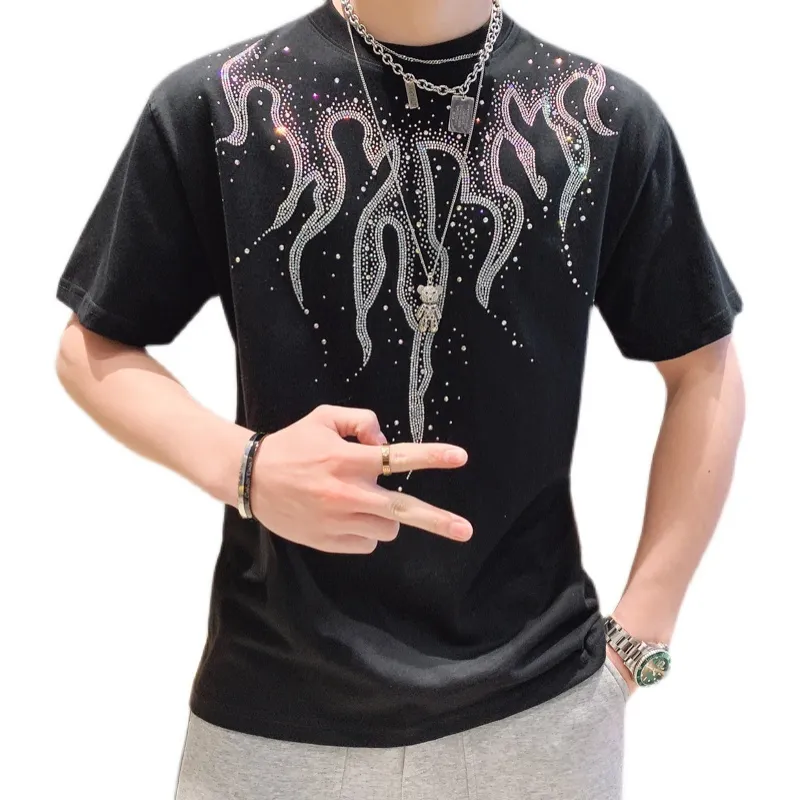 2021 Men`s High-Quality T Shirts Drilling Diamond Street Clothe Fashion Casual Slim Top Casual Loose Tees Wings Oversized Clothing Large Plus Size