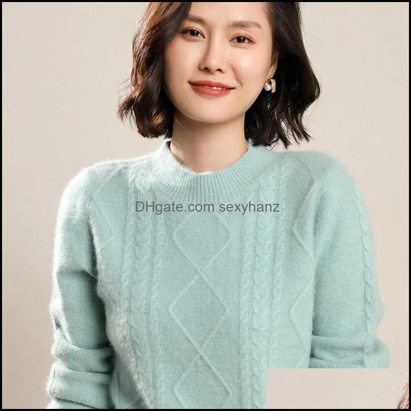 Women`s Sweaters Women Half Turtleneck Plush Mink Cashmere Cable High O-Neck Pullover Sweater Fluffy Warm Cozy Solid Knitted Jumper