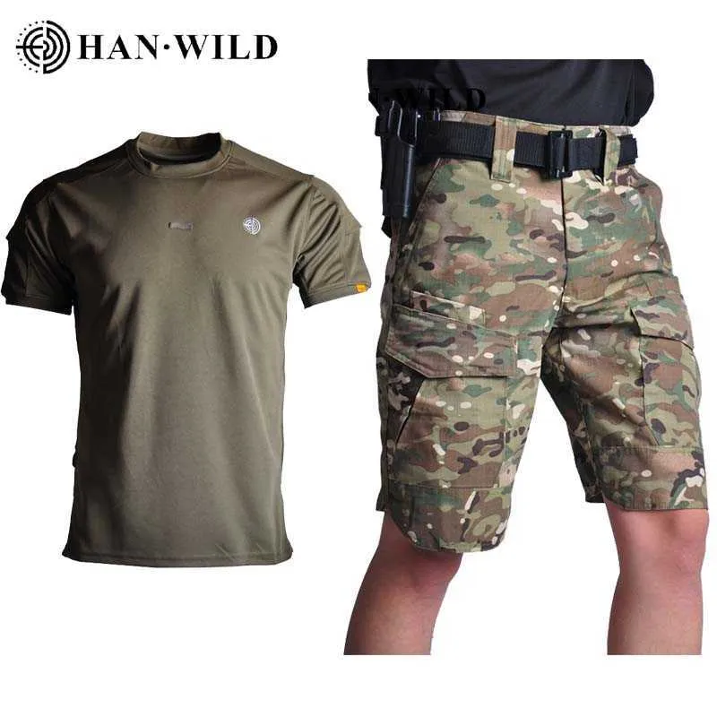 Summer Loose Tactical Shorts Loose Cargo Short Pants Male Sets Hiking Shirts Military Men Joggers Hiking Hunting Colthing Tops X0705