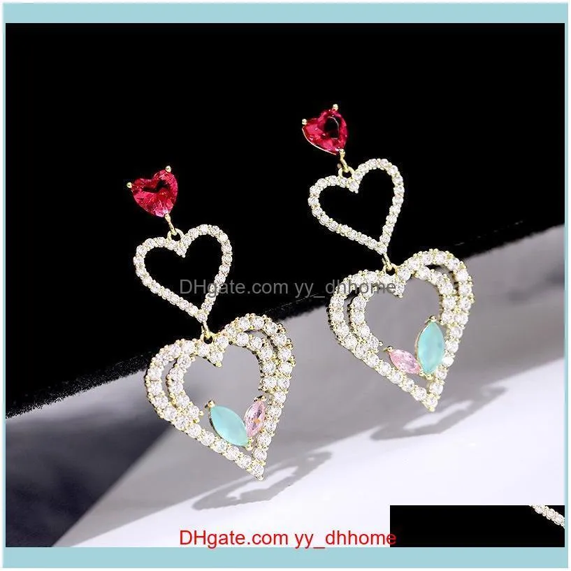 new fashion double heart heart shine zircon earrings s925 silver needle simple love wild earrings luxury super fairy earrings jewelry