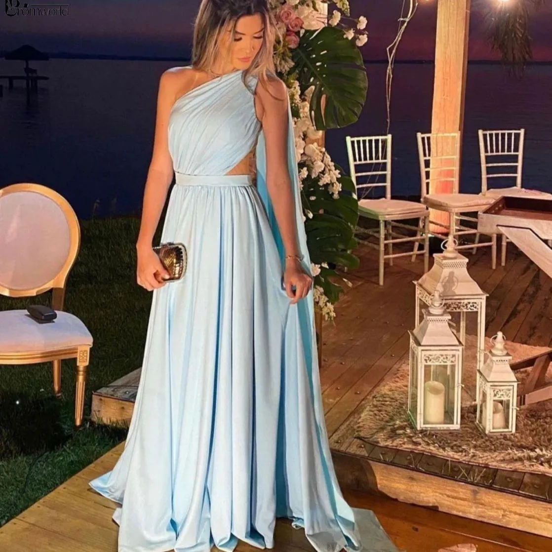 Light Blue Simple One Shoulder A Line Prom Dresses Long Chiffon Ruffle Pleats Floor Length Formal Evening Gowns Vestidos De Fiesta Custom Made