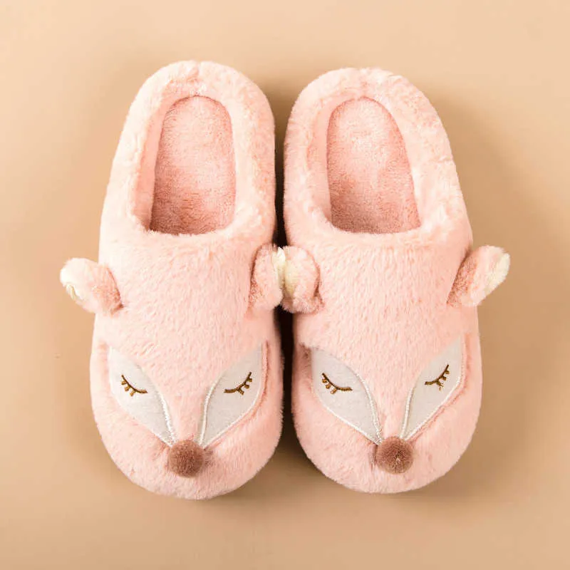 Hot Indoor Warm Women Men Slippers Cute Animal Fox Winter Fur Home Shoe Female Girl Nonslip Memory Foam Cotton House Slippers Y1007