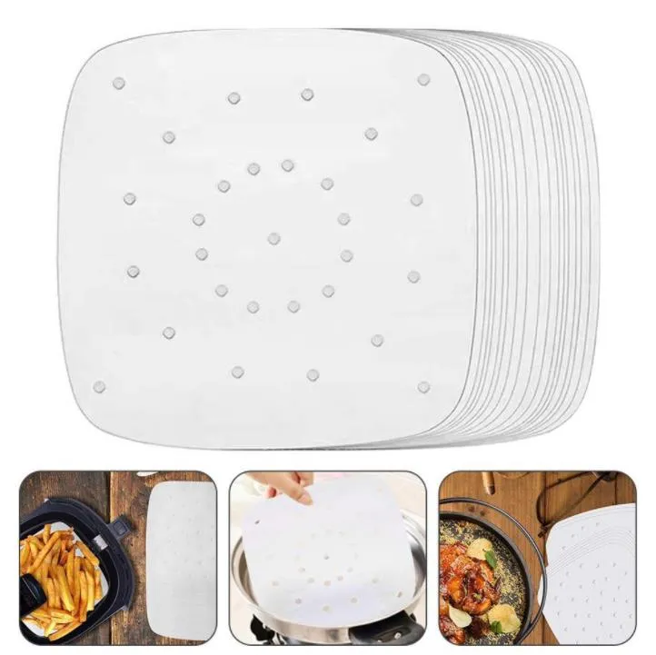 Air Fryer Parchment Paper Liners, 100Pcs Square Air Fryer Liners, 8.5 Inch  Perforated Parchment Paper Sheets for Baking, Parchment Paper for Air Fryer  and Bamboo Steaming Basket 