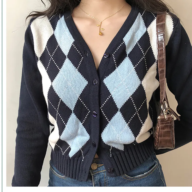 Women s Vintage Argyle Sweater Cardigan Autumn Knit Long Sleeve V Neck Outerwear Elegant Knitted Ladies Sweaters