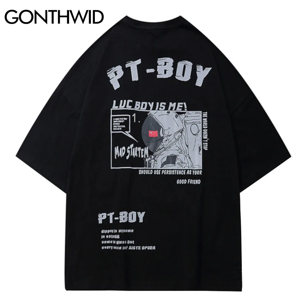 GONTHWID T-shirts Chemises Hip Hop Harajuku Hommes Astronaute Imprimer Poche Avant À Manches Courtes Coton T-Shirts Casual Streetwear Lâche Tops C0315