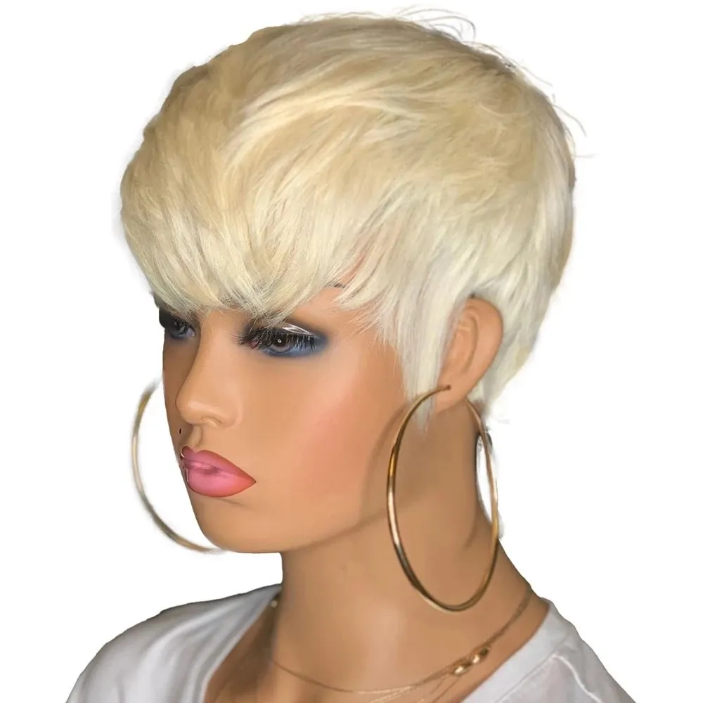 613 Honey Blonde Color Wavy Short Bob Wig With Bangs Pixie Cut No Lace Front Human Hair Wigs For Black Women