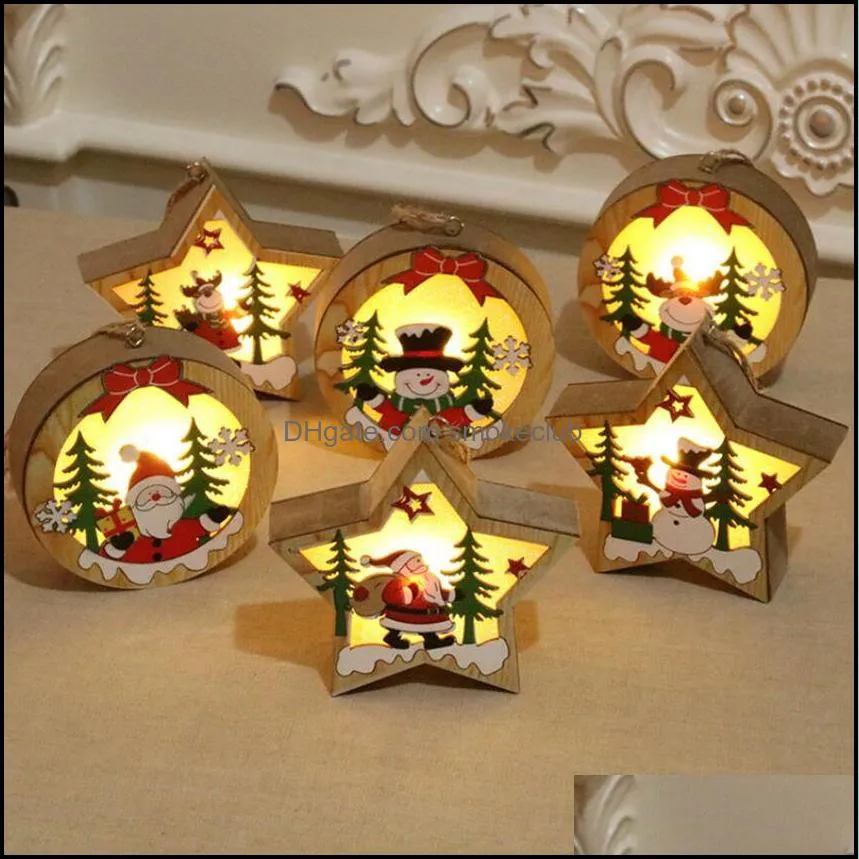 Christmas Wooden Ornament Wooden Pentagram Luminous Santa Snowman Deer Pendant Christmas Glowing Wooden Decoration CYZ2831 60Pcs