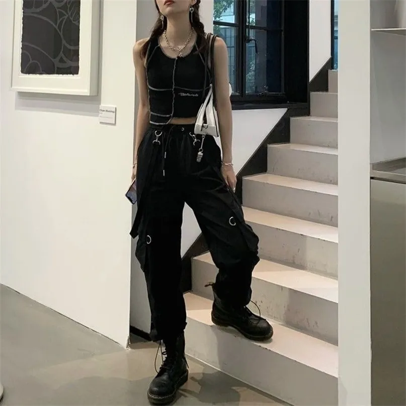 HOUZHOU Pantaloni cargo da jogging gotici Harajuku da donna Streetwear Pantaloni larghi neri a vita alta oversize Goth casual per donna 211115