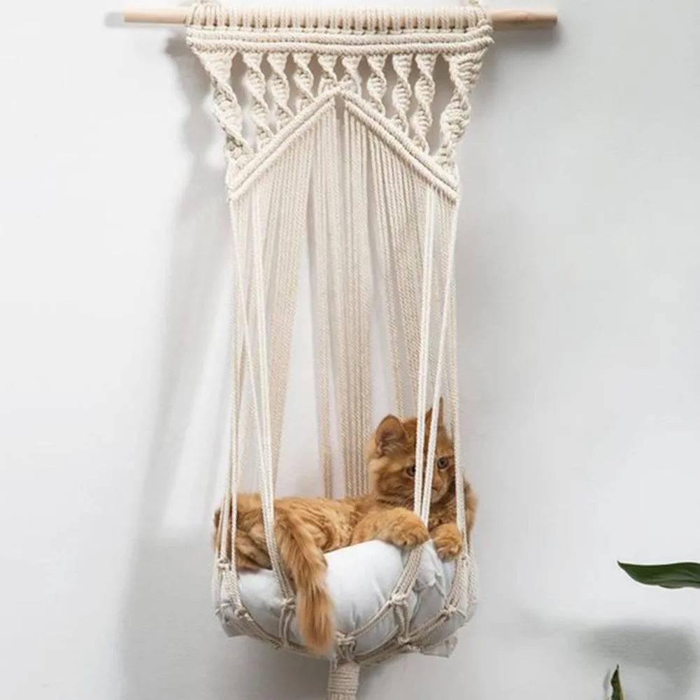 Handvävd katt hängande korg sväng säng, husdjur blomma nät bur bäddsäng hängmatta leksak tvättbar, hem sovrum dekoration utan matta alla årstider