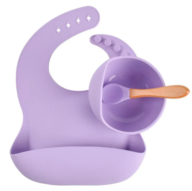 Baby Feeding Food Grade Silicone Bibs Baby Plate Non-silp Suction Bowl Kid Tableware Waterproof Bib Spoon with Wooden Handle YL424