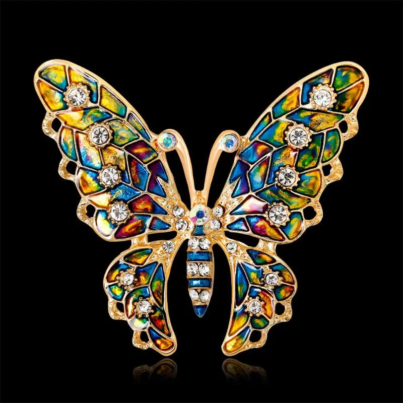 Pines, Broches Llegada Rhinestone Crystal Bead Blue Butterfly Esmalte para mujeres Insecto Pin Diseño de invierno Joyería de moda
