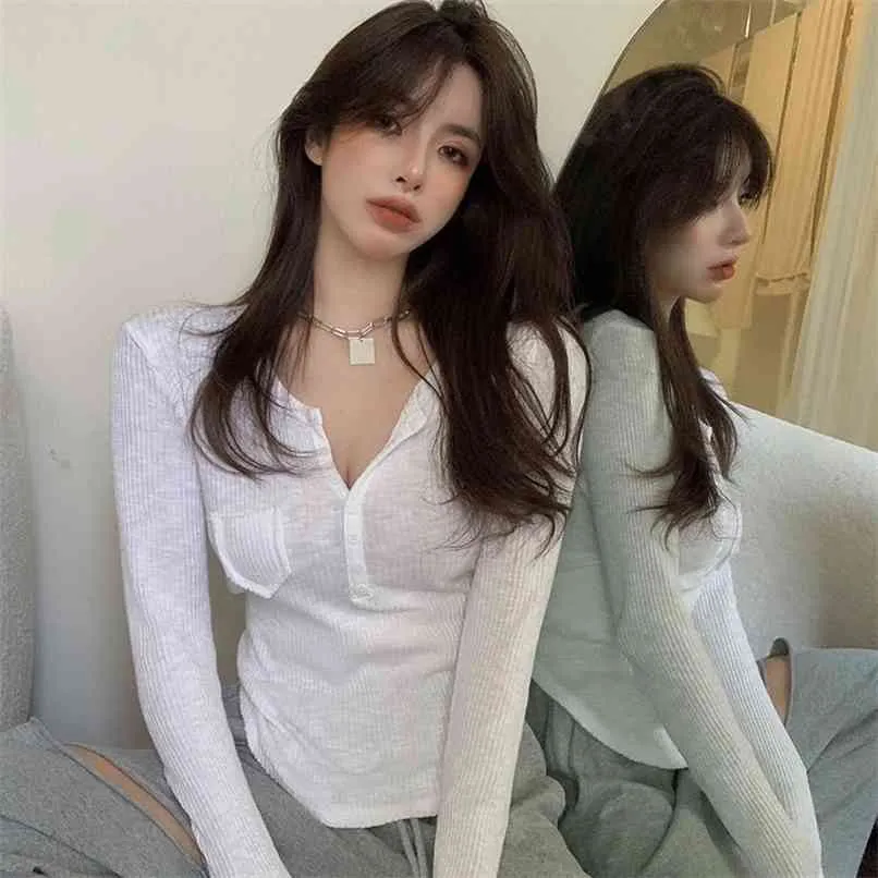 Ice Silk Summer Women Cotton T Shirt Long Sleeve White Tee Femme Female Slim Sexy Deep V Neck Tops Knitted Fashion Clothes 210529