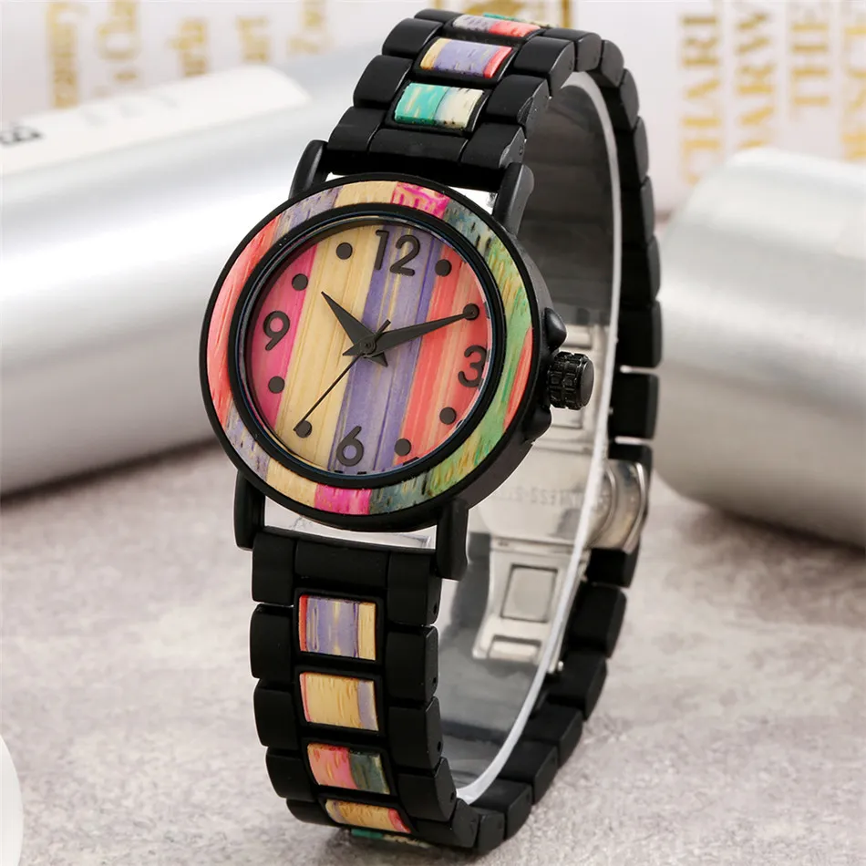Quartz Women Watches Creative Stainless Steel Wood Lady Bracelet Watch Arabic Numerals Black Analog Dial Trendy Female Timepiece