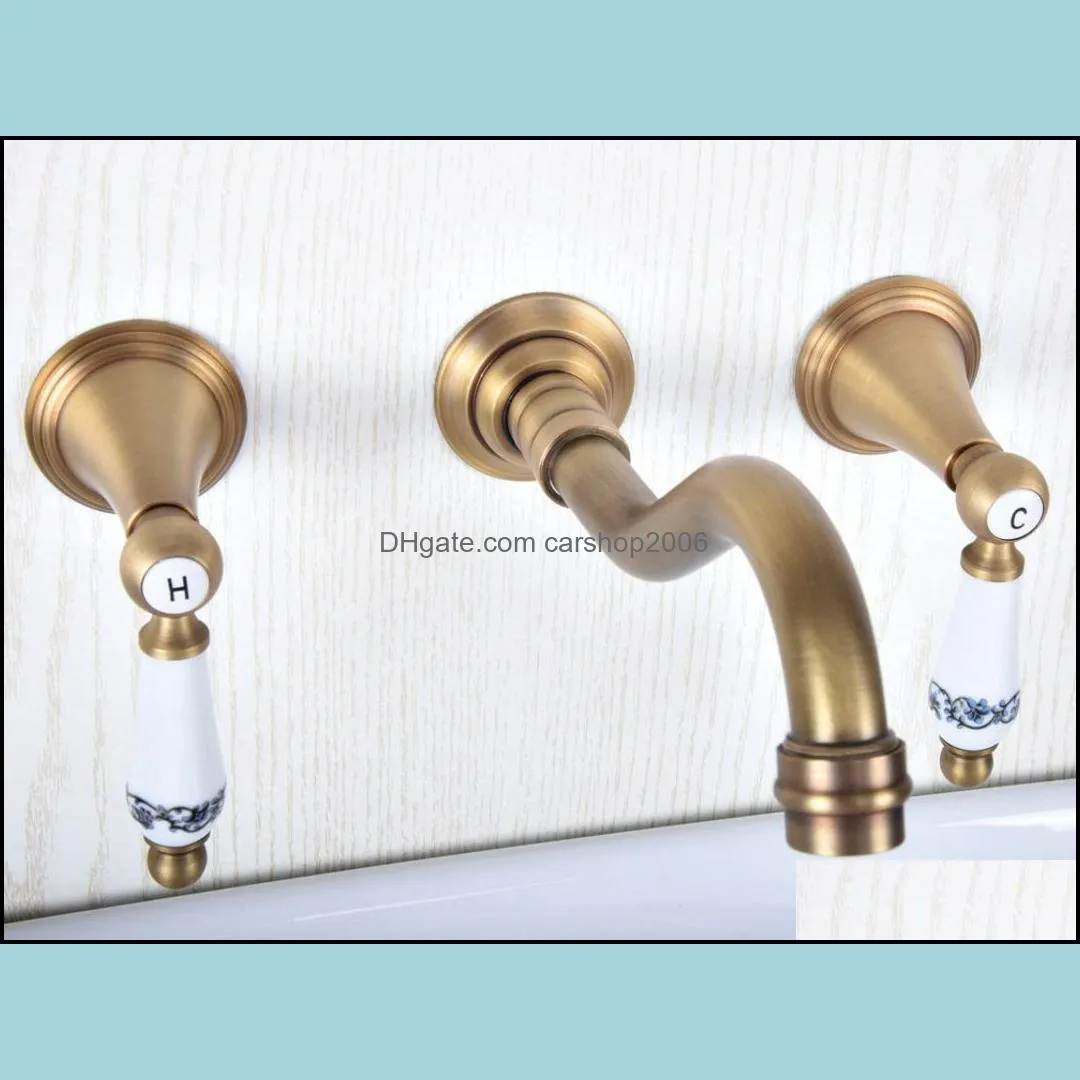 Antique Brass Widespread Wall Mounted Dual Ceramic Handle Bathroom Sink Faucet Taps Lsf5151