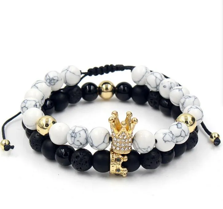 Fashion versatile energy stone white Turquoise woven high crown white diamond mixed with small crown suit Bracelet