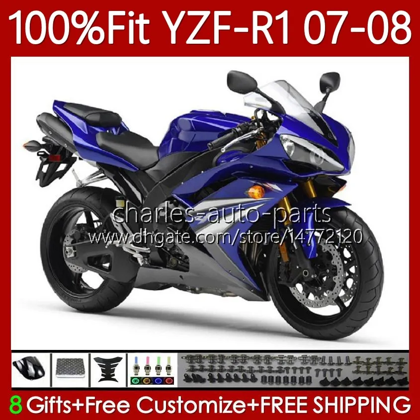 100% Fit Carénages OEM pour YAMAHA YZF-R1 YZF R 1 1000 CC YZFR1 07 08 MOTO Carrosserie 91No.50 YZF R1 1000CC YZF1000 2007 2008 YZF-1000 2007-2008 Moule d'injection Body Stock bleu