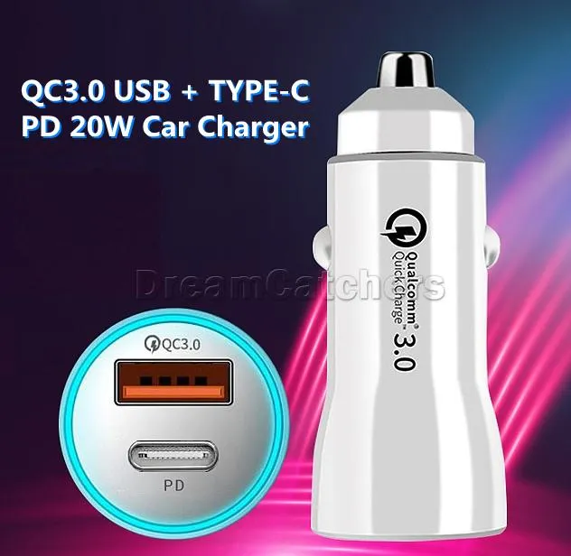 20 W PD Araç Şarj LED Çift USB Tip-C Hızlı Şarj QC3.0 Işık Up Hızlı Şarj Oto Adaptörü iPhone Samsung Akıllı Telefon için