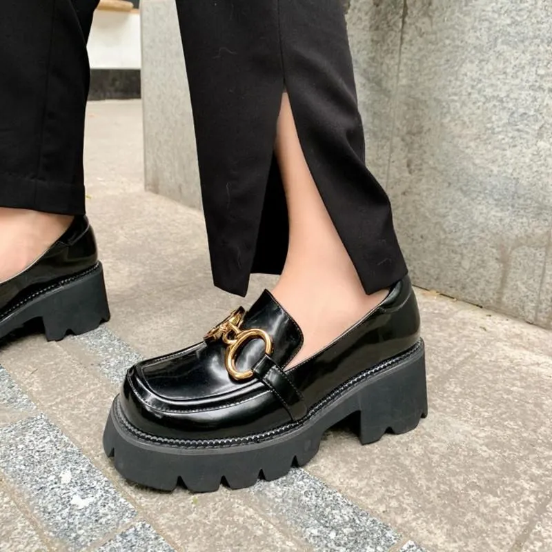 Dress Shoes Size 33-41 Natural Genuine Leather Women Chunky Heels Goth Square Toe Designer Gold Chain Woman Loafers Gothic Chic