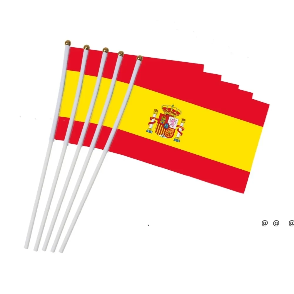 nuovaBandiera della Spagna 21X14 cm Bandiere in poliestere che sventolano a mano Bandiera del paese della Spagna con pennoni in plastica EWD5956