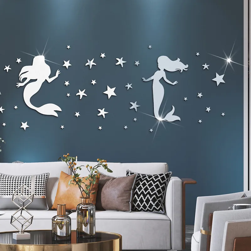 44 stks / set DIY Muren Decor Mermaid Spiegel Muursticker 3D TV Achtergrond Decal Stickers Art Muurschildering Slaapkamer Badkamer Decoratie