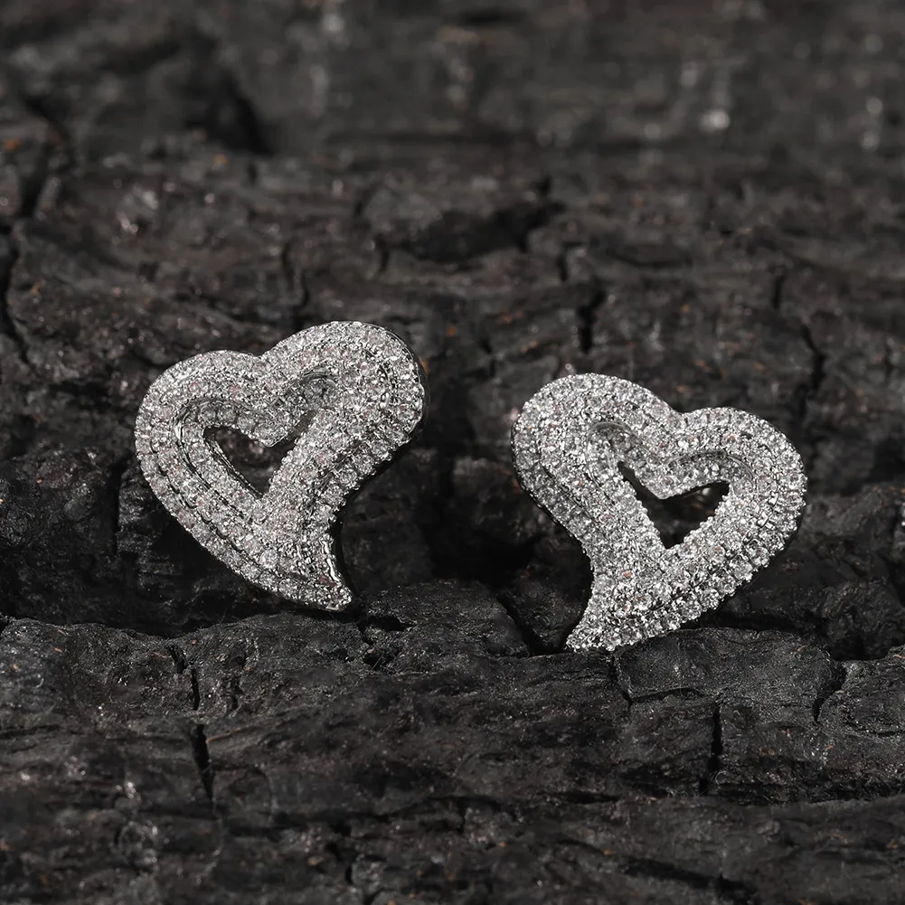 Iced Out Hip Hop Earrings CZ Stone Claw Set, 3-Layer Heart Studs for Men  Women, Rapper Jewelry, Bling Fashion Accessories - Main Image