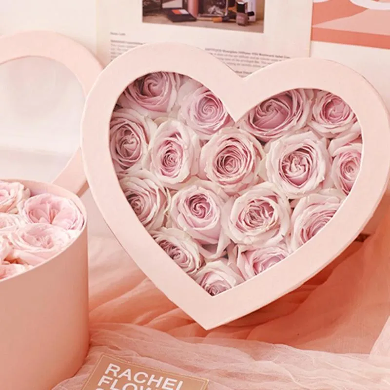 Papel de regalo 2 uds caja en forma de corazón con ventana transparente para boda fiesta de cumpleaños San Valentín embalaje decorativo flores regalos Bo210b