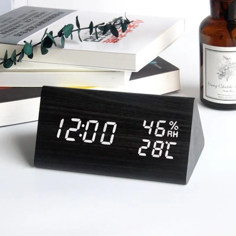 다른 시계 액세서리 LED 나무 알람 시계 테이블 음성 제어 디지털 온도 습도 디스플레이 나무 데스크탑 USB /
