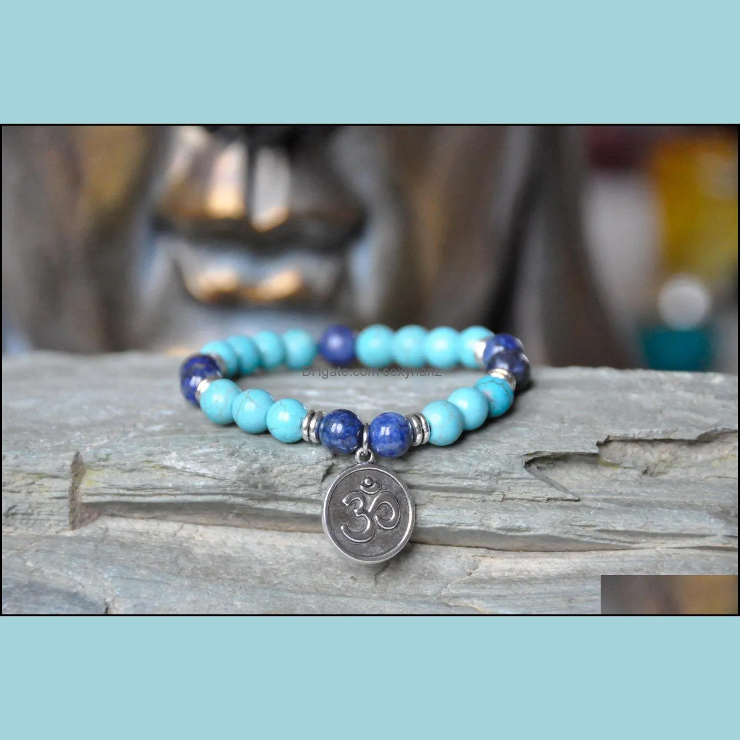 Om yoga,confidence bracelet,mala ,turquoise sodalite gemstone ,throat chakra balance