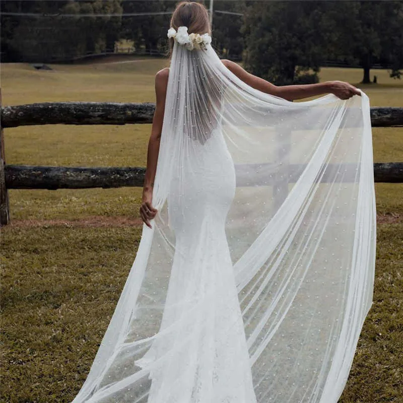 Pearls Ivory Long Bridal Veils with Comb One Layer Cathedral Wedding Veil White Bride Accessories Velos de Noiva X0726278R