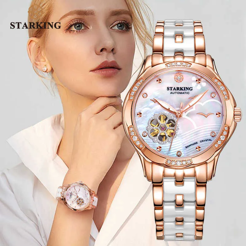 STARKING 34mm Automatic Watch Rose Gold Steel Case Vogue Dress es Skeleton Transparent Women Mechanical Wristwatches 210616