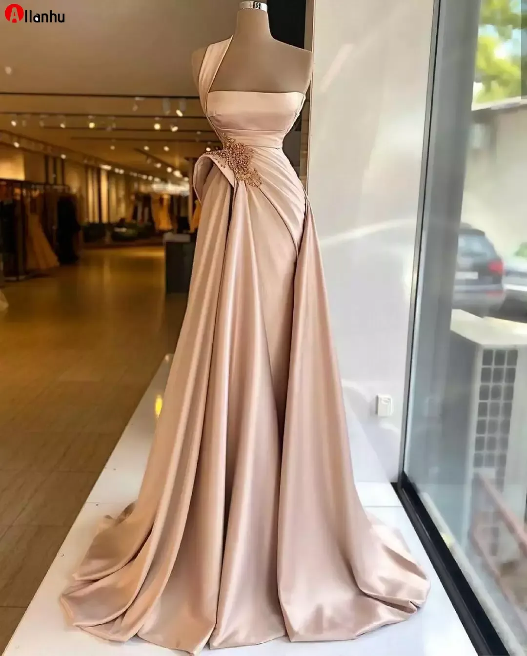 NOVO! Um ombro rosa vestidos de noite com lantejoulas de lado altas lantejoulas frisado sereia vestido de baile vestido vestido varredura de trem vestes de soirée